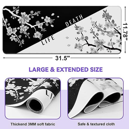 DIGSOM Mouse Pad Black and White Cherry Blossom Pattern, 31.5 x 11.8in | XL Mouse mat, Smooth surface, Anti-slip rubber base, For keyboard and mouse, For home and office use - color: Black and White Cherry Blossom
