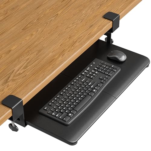 BONTEC KMT01 Under Desk Keyboard Tray, Pull-Out Keyboard & Mouse Platform with C-Clamp, 25.6 x 11.8 in Space-Saving Ergonomic Slide-Out Drawer, Black - color: Black, size: 25.6" x 11.8"