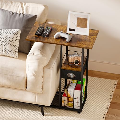 Rolling C-Shaped Side Table with Wheels and Oversized Wood Top, Mobile Overbed Stand with Drawer for Bed or Sofa, Metal Frame Couch Companion for Living Room, Bedroom, or Home Office (Large Desktop) - color: Black, size: X-Large (With Drawer & Wheels)