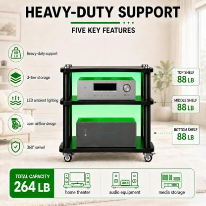3-Tier AV Media Stand with LED Lights, Heavy Duty Mobile Stereo Cabinet Stand with Wheels, Wooden Stereo Rack, Audio Rack Furniture Perfect for DVD Player/Game Console (with Lights, 3 Tier) - color: With Lights, size: 3 Tier
