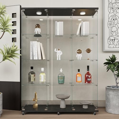 Beauty4U Glass Display Cabinet with LED Lights, Extra Large 3 Columns 2 Doors Curio Cabinets with 12 Shelves for Living Room, Bedroom, Office, Black Floor Standing DIY Glass Bookshelf - color: Black-led, size: 3-Column 12-Shelf