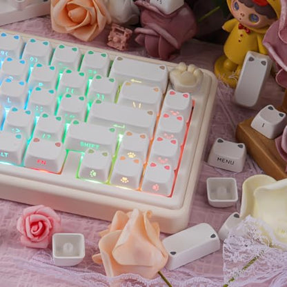 White Keycaps - Shine Through PBT Keycaps,113 Keys Side Print Cute Cat Keycaps, Mao Profile Custom Keycap for 60 65 75 100 Percent Cherry MX Mechanical Keyboard - color: White Cat