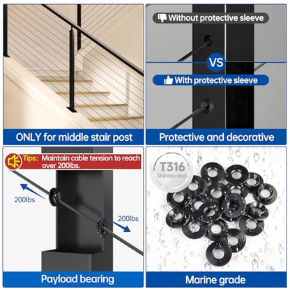 Muzata 40 Pack 1/8" 30 Degree Angle Wheel Black Cable Railing Grommets ONLY for Angle 1/8" 5/32" 3/16" Wire Rope T316 Stainless Steel Protector Sleeves Deck Cable Railing Hardware Kit Metal Posts CR79 - size: 40P, style: Black For Stairs