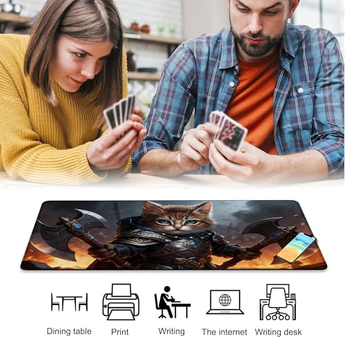Playmat for MTG Samurai Cat Magic Play Mat 24x14 Inch Card Game Mat for Magic The Gathering TCG PTCG Playmat with Free Storage Bags Non-Slip Backing and Stitched Edge - color: Samurai Cat No With Zones