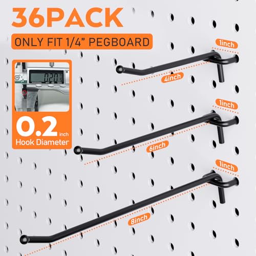 INCLY 36 Pack 4/6/8 Inch Black Pegboard Hooks, 1/4" Heavy Duty Peg Board Shelving Hooks Accessories, Peg Board Tool Hangers Fit 1/4" Pegboard for Organizing Garage, Craft Room, Kitchen, Store - size: 36PCS