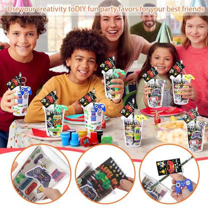 RoundFunny 133 Pcs Video Game Party Favors Gamer Birthday Party Decorations Gamer Cups Notebook Pencils Sharpener Keychain Slap Bracelets Ring Stamp Sticker for Gaming Supplies Reward Gift
