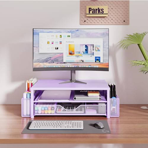 OPNICE Desk Organizers and Accessories, 2-Tier Computer Monitor Stand Riser with Drawer and 2 Pen Holders, Laptop Stand, Office Desk Accessories & Office Decor for Women, Purple - color: Purple 1-Pack, size: Single