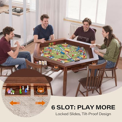 LAUSAINT HOME Board Game Table with Removable Table Top, 59” Play Area, Hexagon Gaming and Dining Table with Play Mat, Detachable Cup Holders and Trays for 6 Players, for Card, DND and Poker, Walnut - size: Hex Table