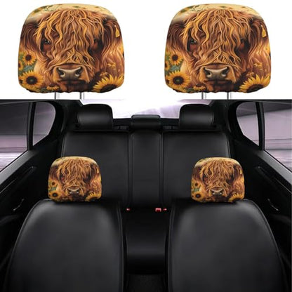 Dujiea 2 Pack Highland Cow Sunflowers Car Headrest Covers, Universal Soft Car Seat Head Rest Cover Protector, Vehicle Accessories Fabric Headrest Cover for Cars Vans Trucks - color: Highland Cow Sunflowers