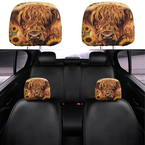 Dujiea 2 Pack Highland Cow Sunflowers Car Headrest Covers, Universal Soft Car Seat Head Rest Cover Protector, Vehicle Accessories Fabric Headrest Cover for Cars Vans Trucks - color: Highland Cow Sunflowers