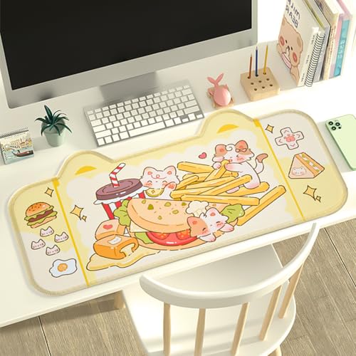 PERFECTSIGHT Cute Cat Desk Mat Kawaii Fast Food Desk Pad, Switch Large Gaming Mouse Pad, Cartoon Deskmat Mousepad, Anime Blotter Protector Laptop Keyboard Pad for Women Girls, Kitty - color: Yellow