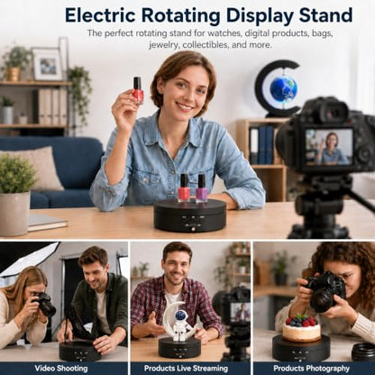 KAIMC Motorized Rotating Display Stand 3-in-1,360 Degree Electric Photography Turntable for Live Streaming, Jewelry Display, Watch, Collectibles,3 Speeds & 4 Angles Adjustable,USB/Battery Powered