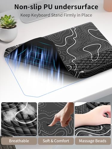 3-in-1 Ergonomic Keyboard Stand with Wrist Rest & Mouse Pad Set, Comfy Keyboard Riser Holder Soft Mousepad with Massage Design, Memory Foam and Non-Slip PU Base for Pain Relief, Topographic - color: Black Topographic