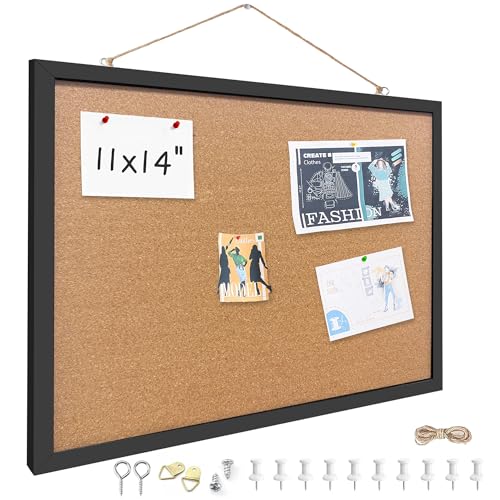 Cork Bulletin Board, 11x14 Inches Hanging Cork Board Wooden Framed with Pins for Wall, Dorm Room, Office, Home Decor – Natural Cork & Black Frame - color: Black, size: 11" x 14"