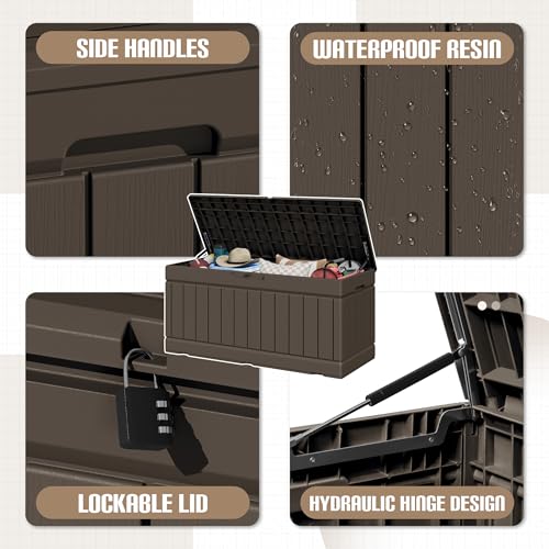 JUMMICO 78 Gallon Outdoor Deck Box Large Resin Storage Box for Patio Furniture Cushions and Garden Tools (Brown) - color: Brown, size: 78 gallon