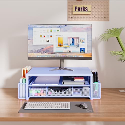 OPNICE Desk Organizers and Accessories, 2-Tier Computer Monitor Stand Riser with Drawer and 2 Pen Holders, Laptop Stand, Office Desk Accessories for Office Supplies, Blue - color: Blue 1-Pack, size: With Drawer and 2 Pen Holders