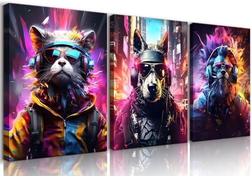 Yolbcdr Game Room Decor Gaming Posters Video Game Wall Art Prints Set of 3 Cool Cyberpunk Animal Painting Pictures Gamer Wall Decor for Boy Teen Men Bedroom Bathroom Playroom 12x16in Framed - color: Animal Gamer, size: 12"x16" Canvas
