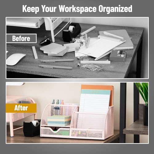 Mind Reader 7-Compartment Desktop Organizer, Metal Mesh Desk Organizer for Pens, Sticky Notes, Mail and Office Supplies, Pink - color: Pink