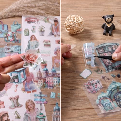 Scrapbooking Stickers 20 Sheets Pre-Cut 200 washi Stickers PET People Sticker Books for journaling Scrapbook Supplies Transparent Journal Sticker - color: Cyan