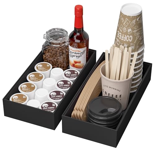 Kitchen Drawer Organizer Bins, Stackable Bamboo Drawer Organizer for Silverware, Coffee Pod Organizer K Cup Holder for Countertop, 2 Pcs Coffee Station Organizer Black 12" x 6" x 2.5" - color: Black, size: 12 x 6 x 2.5 Inch