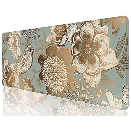 Desk Mat, 32" x 12" XXL Extended Large Gaming Mouse Pad, Desktop Decor Desk Pad, Cute Men Women Office Supplies and Accessories, XL Mouse Mat for Laptop & Keyboard, Retro Flower and Bird - color: Retro Flower and Bird, size: 32" x 12"