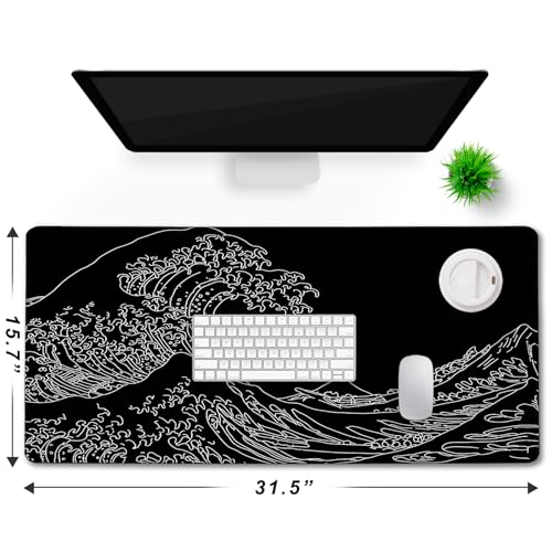 Japanese Sea Wave Mouse Pad for Gaming, Large Mouse Pad Extended (31.5X 15.75 INCH) Non-Slip Rubber Base & Stitched Edge for Computers Laptop Home Office Accessories - color: Sea wave