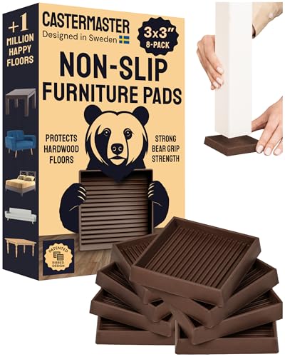 CasterMaster Non-Slip Furniture Pads - 3x3 in Brown, 8 Pack | Square rubber feet & floor protectors - 8pk - Use for chairs & furniture, keep from sliding - color: Brown, size: 3'' x 3'' (Pack of 8)