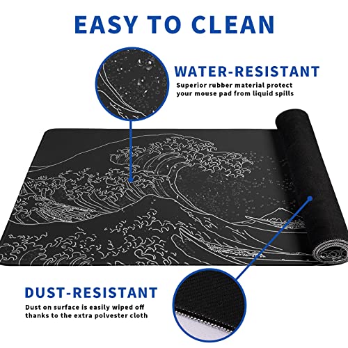 Japanese Gaming Mouse Pad Abstract Black Mouse Pad 31.5x11.8 Inch Black Sea Wave Texture Non-Slip Rubber Base Large Ocean Mousepad Stitched Edges Keyboard Mouse Mat Desk Pad for Office and Home - color: Japanese Sea Wave