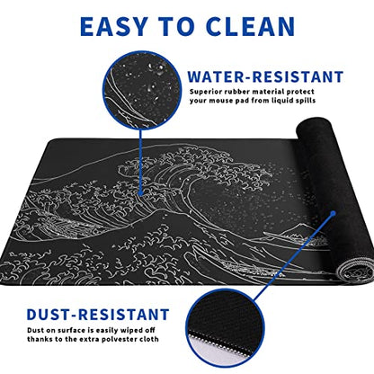 Japanese Gaming Mouse Pad Abstract Black Mouse Pad 31.5x11.8 Inch Black Sea Wave Texture Non-Slip Rubber Base Large Ocean Mousepad Stitched Edges Keyboard Mouse Mat Desk Pad for Office and Home - color: Japanese Sea Wave
