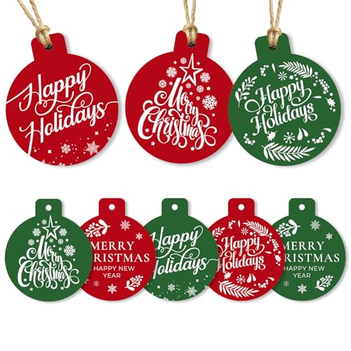 Ornament-Shaped Christmas Gift Tags - 80 Round Holiday Tags with String, 8 Festive Designs - 350gsm Christmas Name Tags for Gifts - style: Ornament