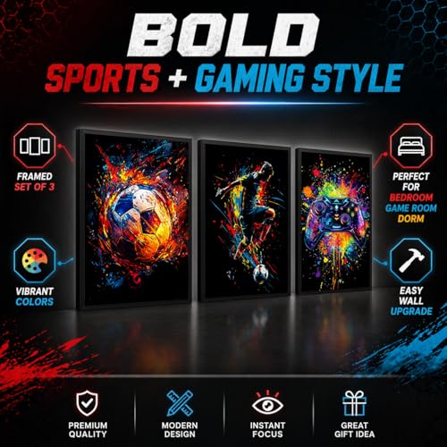 Soccer Gaming Wall Art Set Of 3 Black Framed Canvas Prints Neon Graffiti Soccer Ball Player And Controller Decor For Boys Room Teen Bedroom Game Room 12x16 Inches Each