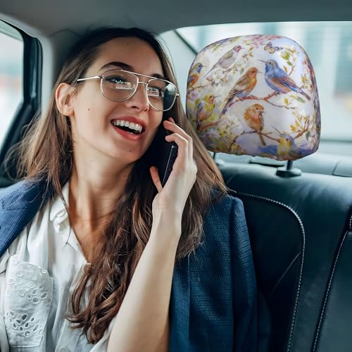 2pc Car Seat Headrest Cover Colorful Bird Head Rest Covers Protector - color: Colorful Spring Bird