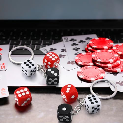 Sureio 36 Pcs Casino Night Dice Keychains Party Decoration Black White Red Souvenirs Poker Party Game Casino Night for Birthday Supplies