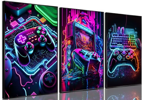 BGFCE Game Room Decor Posters Set of 3 - Neon Gaming Accessories Theme Canvas Wall Art, Gamer Console Paintings Picture Wall Decor for Children Youth Boys Bedroom 16x24 inch Unframed - color: Purple Cool Game Posters, size: 24L" x 16W"