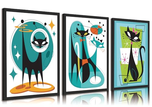 3pcs Funny Abstract Cat Canvas Wall Art Whimsical Futuristic Atomic Cats Posters Prints Modern Medieval Geometry Wall Decor Pictures for Living Room Bedroom Home Decoration Unframed - color: Quantum Cat-2, size: 16L" x 12W"-Posters