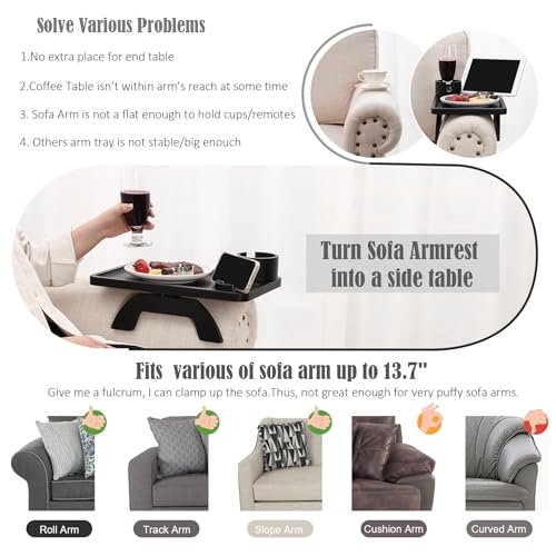 Nnewvante Couch Cup Holder,3 in 1 Large 15.36"x9.85" Bamboo Couch Arm Table Sofa Arm Clip on TV Tray Table with 360°Rotated Phone/Cup Holder, Black - color: Black