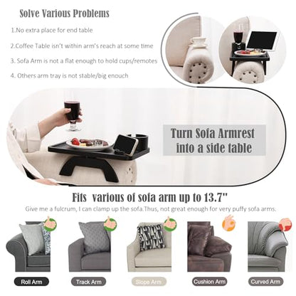 Nnewvante Couch Cup Holder,3 in 1 Large 15.36"x9.85" Bamboo Couch Arm Table Sofa Arm Clip on TV Tray Table with 360°Rotated Phone/Cup Holder, Black - color: Black