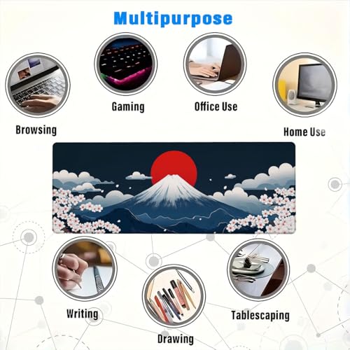 Mount Fuji Mouse Pad Large Red Sun Sakura Blossom Japanese Minimalist Gaming Mouse Pad Mat with Stitched Edge Non-Slip Base 31.5x11.8 Inch - color: Mount Fuji