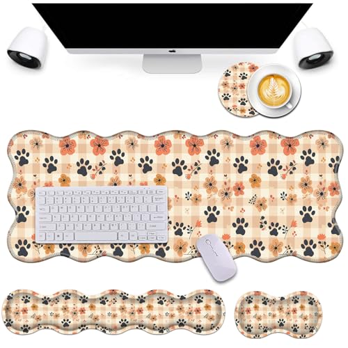 Bxgolkgd Desk Mat Set,Mouse Pad with Keyboard Wrist Rest & Mouse Wrist Rest,Wave-Shaped Design,Non-Slip Rubber Base,Ergonomic Desk Mat for Home,Office,Gaming,Flowers Dog Paw Prints - color: Flowers Dog Paw Prints