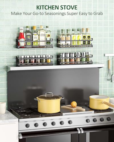 Doakhirmit Wall Mount Spice Rack, Black,4 Pack | 16 Hooks,Screw or Adhesive Installation , Hanging Organizer for Stove Cabinet Pantry Door Kitchen and RV Use - size: 4 Pack