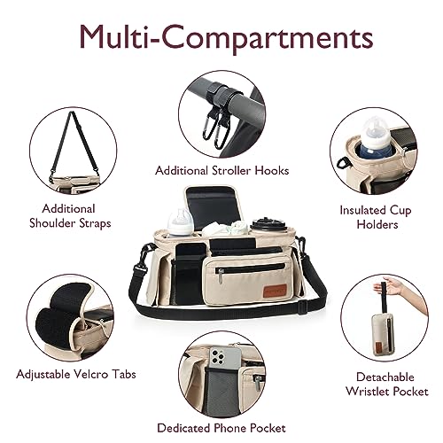 Momcozy Universal Baby Stroller Organizer, 2 Insulated Cup Holder, Detachable Zippered Pocket, Adjustable Shoulder Strap, Large capacity for baby essentials, Compact Design Fits Any Strollers - color: Khaki