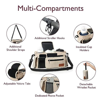 Momcozy Universal Baby Stroller Organizer, 2 Insulated Cup Holder, Detachable Zippered Pocket, Adjustable Shoulder Strap, Large capacity for baby essentials, Compact Design Fits Any Strollers - color: Khaki
