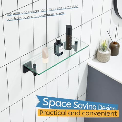 KOKOSIRI Bathroom Shelves Glass Floating Shelf 16-Inch for Bedroom Living Room Kitchen Hanging Rack Rustproof Wall Mounted Black 2 Pack B1105BK-L16-P2 - color: Matte Black, size: 16-Inch(2 Pack)
