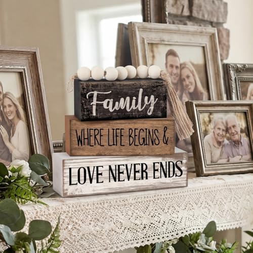 Yuntau 4 Pcs Farmhouse Family Tabletop Decor Tiered Tray Decor Rustic Wood Decorative Stacked Sign Block Gift Retro Bead Garland Family Where Life Begins Love Never Ends Table for Home Shelf Office - style: Famliy