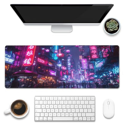 Desk Mat,Cyberpunk Neon City Large Gaming Mouse Pad for Desk XL,Futuristic Night Street Desk Pad,Extended Big Computer Keyboard Mouse Pad with Non-Slip Base and Stitched Edge 31.5"x11.8" - color: Cyberpunk Neon City, size: XL-31.5"x11.8"