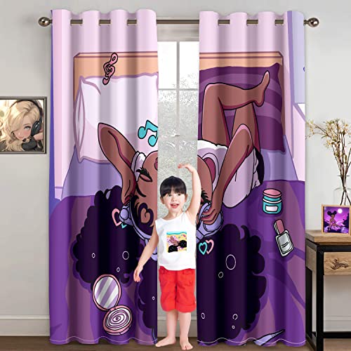 Curtain, Blackout, Rod Pocket, 82 in x 84 in, African American, Black Girl, Purple, Living Room, 2 Count - color: Multi 01, size: 41"W x 84"L (Pack of 2)