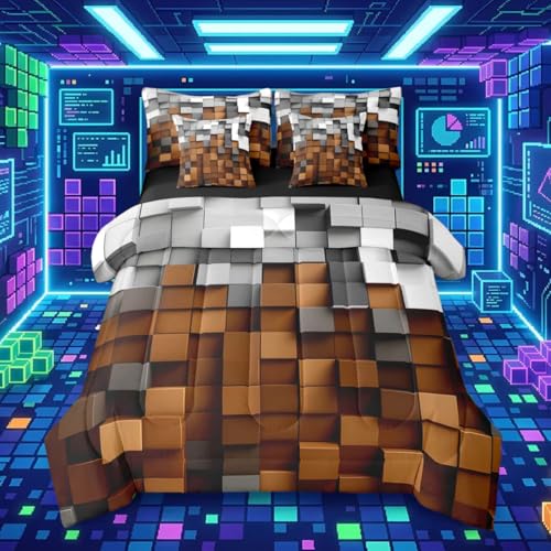 Pixelated Brown Gray 7 Piece Bedding Set Queen Size ,Geometric Check Video Games Bed in a Bag for Boys Girls ,Gamepad Grid Comforter Set with Sheets,Pillowcases & Cushion Cover Microfiber Room Decor - color: Brown Gray, size: Queen