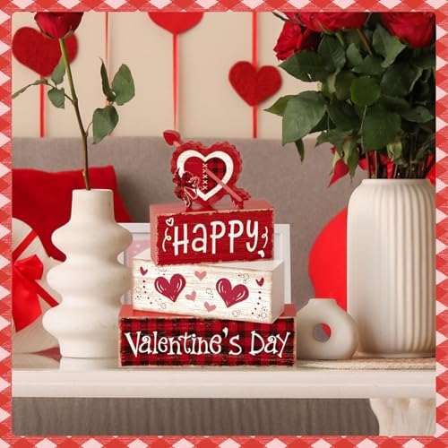 Britimes 4Pcs Valentine’s Day Table Decor Red Happy Valentine’s Day Heart Tiered Tray Decorations Set Rustic Farmhouse Wooden Stack Block Signs Plaid Romantic Tabletop Decor for Table Home Office - style: Cupid of Love Valentine