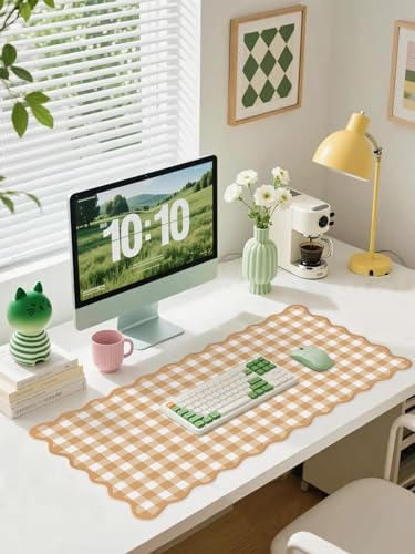 Scalloped‌ Orange Checkered Gingham Desk Mat Cute Pastel Large Mouse Pad Kawaii Cottagecore ‌Vintage‌ Rustic Keyboard Pad Computer Mat for Desktop Aesthetic Cozy Office Desk Decor - color: A7-orange