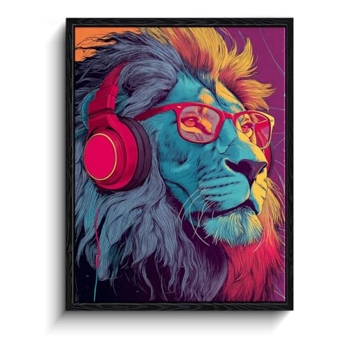 Headphone Lion Wall Art, neon graffiti portrait, street art wall decor, matte finish framed canvas print, music poster artwork, for dorm game room gift, 12x15 inch - color: Retro Neon Lion